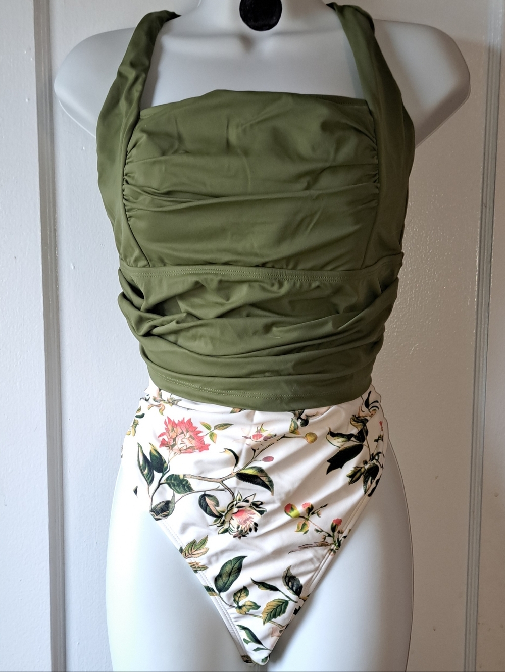 Shade & Shore Olive Green Ruched Halter Swim Top and Floral High Waist Bottom